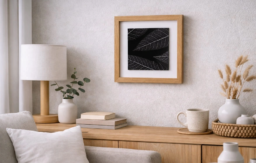 Tableau 25cm r&eacute;sine epoxy inclusion squelettes feuilles blanches naturelles cadre en ch&ecirc;ne